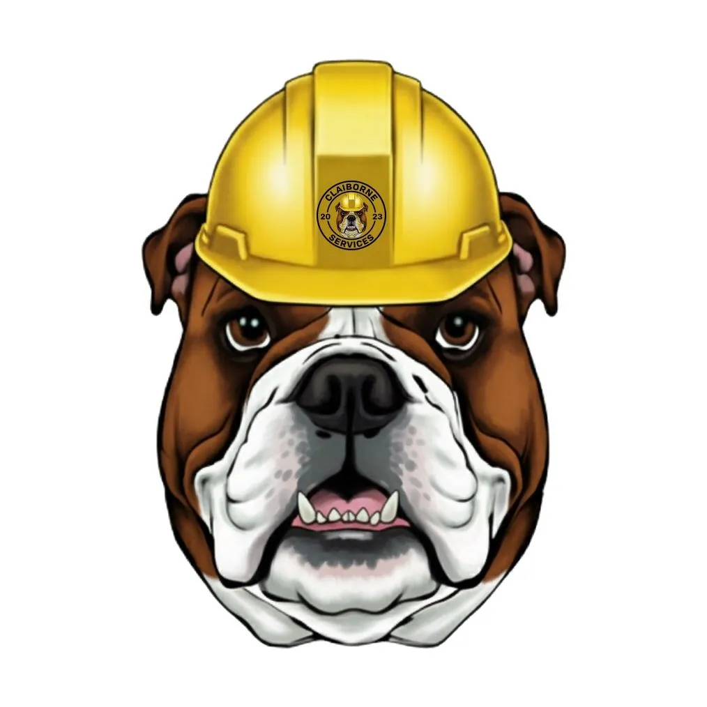 CEO Bruno &mdash; the Claiborne Services brindle English Bulldog mascot in a yellow hardhat